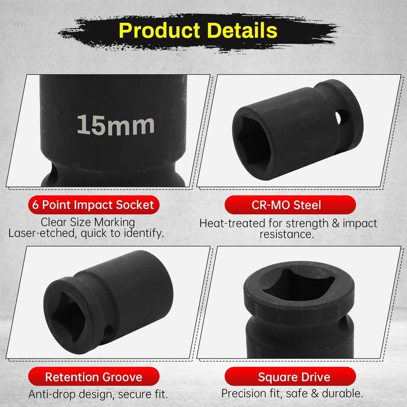 SUNKOO 1/2 Inch Drive 15mm Deep Impact Socket, CR-MO 6 Point Heavy Duty Metric Axle Nut Socket for Easy Removal of Axle and Wheel Hub Nuts - Image 3